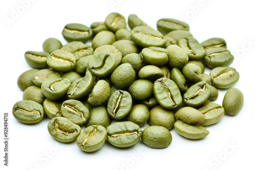 Pile of green coffee beans forming a small mound on white background