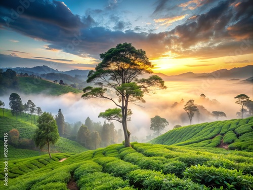 Misty dawn breaks over a serene Sri Lankan tea garden, where a majestic date Puwak tree stands tall, surrounded by lush green tea bushes and fog. photo