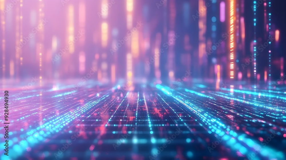 Abstract Tech Background with Neon Lights and Grid Abstract Tech Background with Neon Lights and Grid