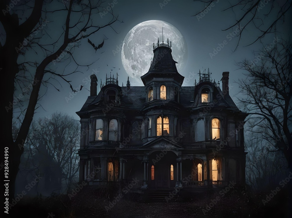 Horror Old Mansion with Lights and Full Moon in The Midnight Sky with Flying Bats and Dead Trees in Misty Surroundings Horror Old Mansion with Lights and Full Moon in The Midnight Sky with Flying Bats and Dead Trees in Misty Surroundings