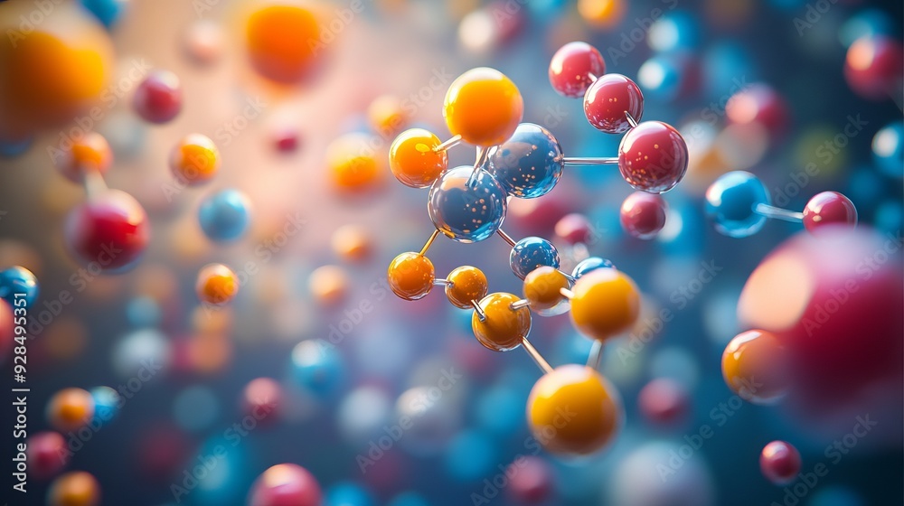 Colorful molecular structures in a dynamic, abstract arrangement Colorful molecular structures in a dynamic, abstract arrangement
