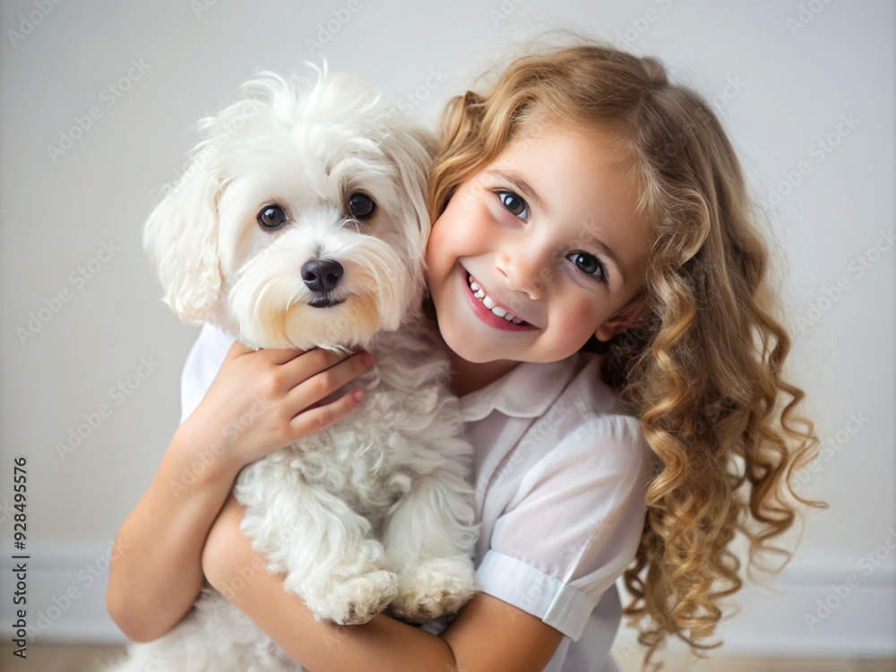 Adorable young girl with bouncy curly hair and bright smile holds and cuddles her fluffy white Maltese dog in a clean minimalistic setting. Adorable young girl with bouncy curly hair and bright smile holds and cuddles her fluffy white Maltese dog in a clean minimalistic setting.