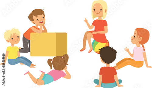 Kids sit in circle and telling stories. Children together