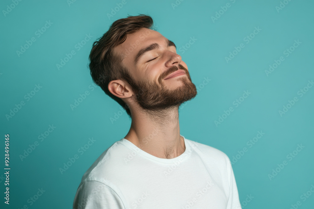 A close up of a man's face with his eyes closed