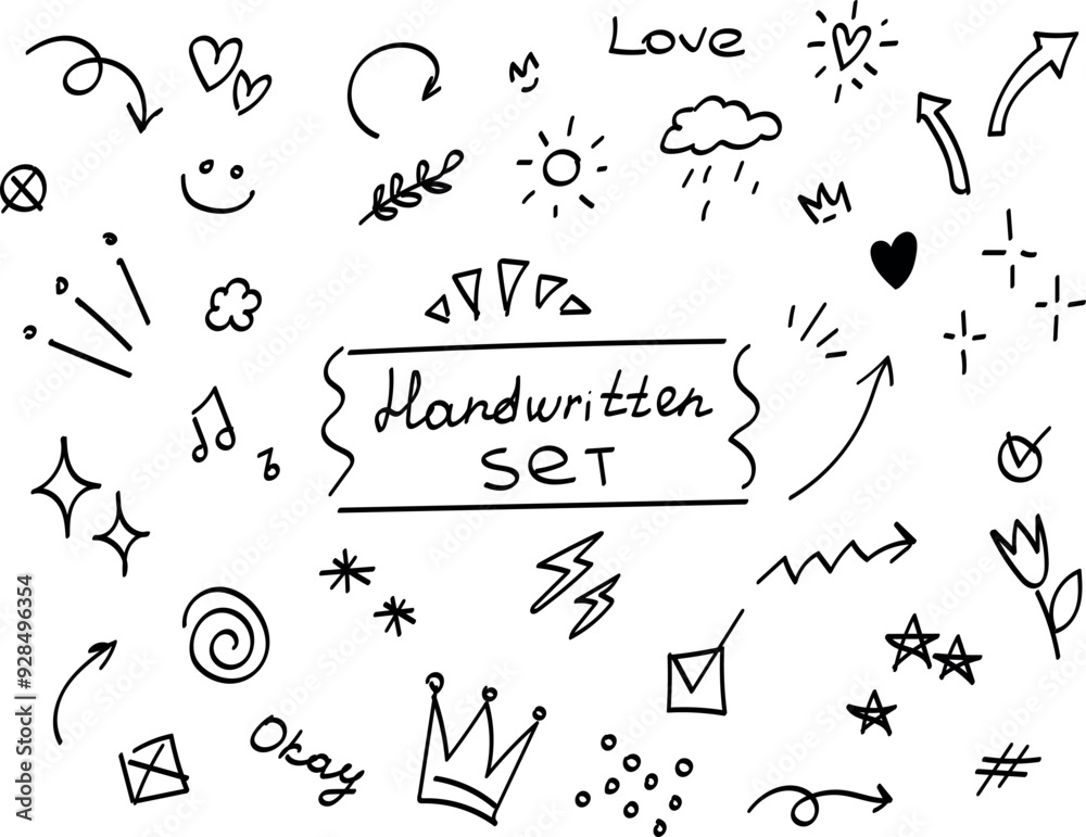 Handwritten set of different emoticons. Heart, crown, arrows, arrows, underlines, lightning, flower, love, okay. 