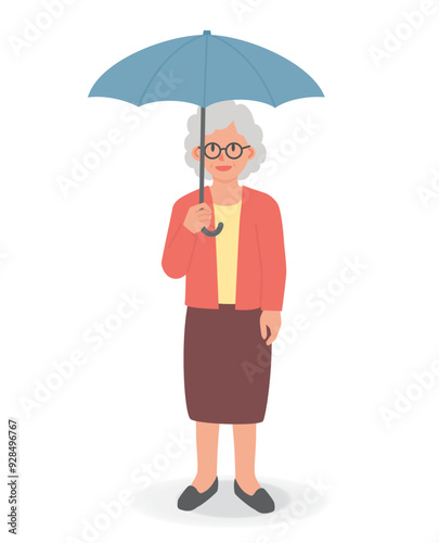 Elderly woman wearing glasses holding an umbrella, in happy mood