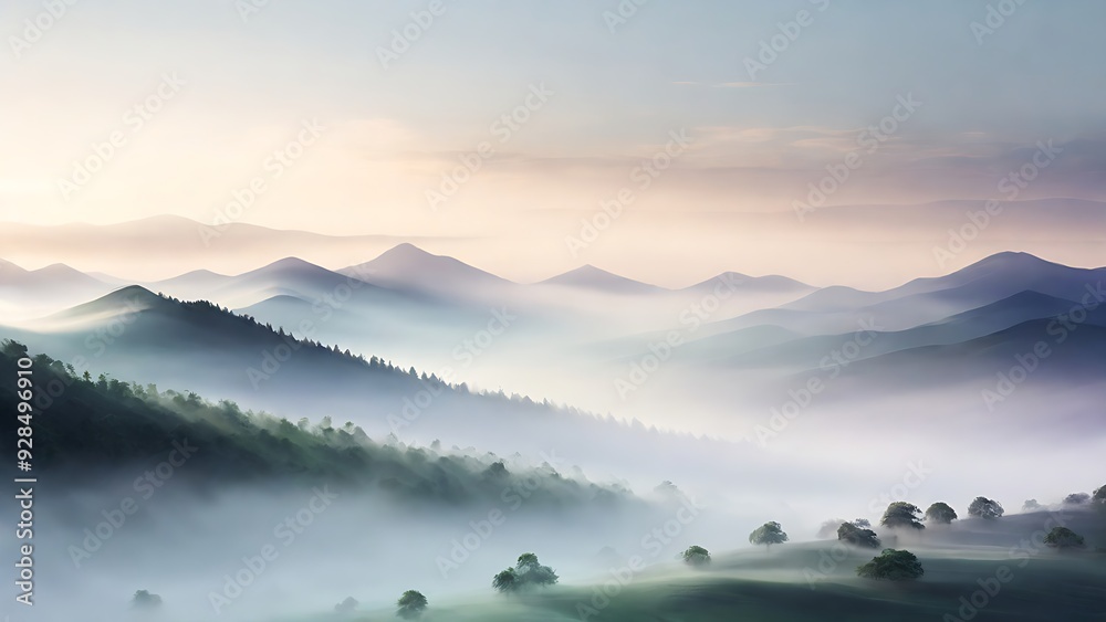 Fototapeta premium Misty mountains in soft morning light. Suitable for naturethemed designs, travel brochures, inspirational quotes, and calming backgrounds.