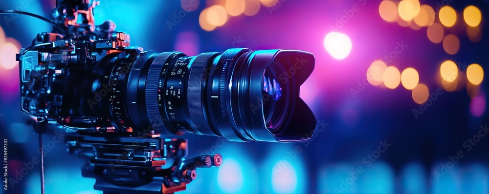 A high-quality camera lens set against a vibrant, colorful bokeh background, ideal for photography-related content.
