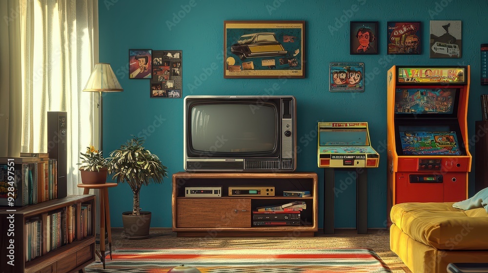 Retro living room with a TV, arcade games, and a couch. Retro living room with a TV, arcade games, and a couch.