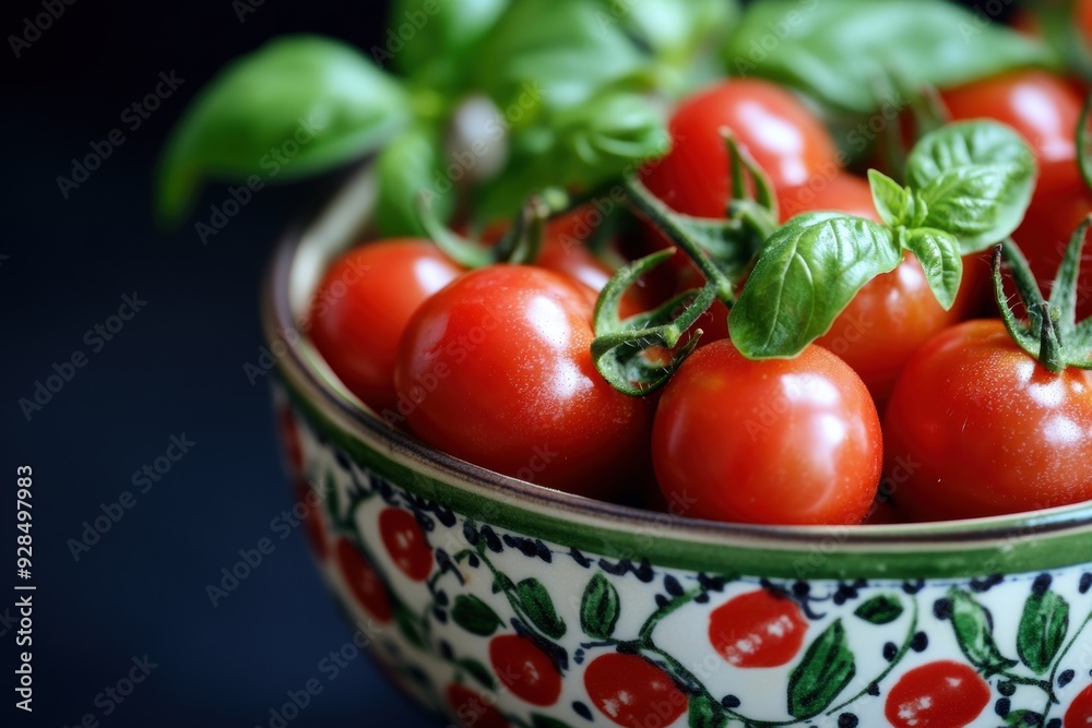 Fresh cherry tomatoes basil in decorative bowl on dark background