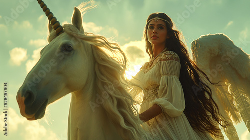 Woman in white dress riding a winged unicorn at sunset. photo