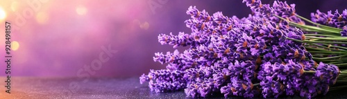 A stunning arrangement of lavender flowers set against a dreamy purple background, evoking tranquility and natural beauty. photo