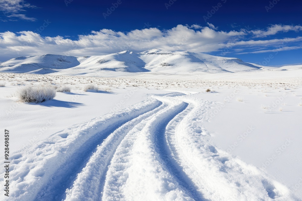Serene -covered landscape with clear blue sky tire tracks Serene -covered landscape with clear blue sky tire tracks