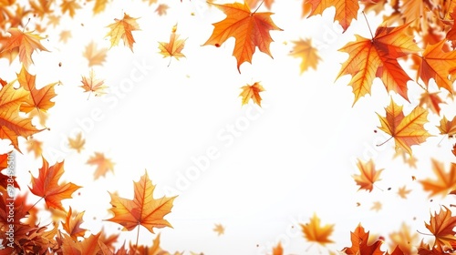 A white background with a lot of orange leaves. The leaves are scattered all over the background, creating a sense of movement and chaos. The image conveys a feeling of autumn