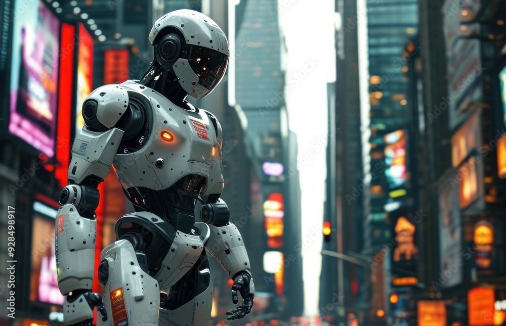 A robot positioned in an urban environment A robot positioned in an urban environment