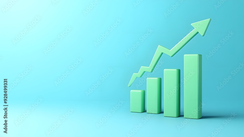 3D bar chart and upward arrow on a blue background, representing growth, progress, and business success, ideal for financial reports or presentations. 3D bar chart and upward arrow on a blue background, representing growth, progress, and business success, ideal for financial reports or presentations.
