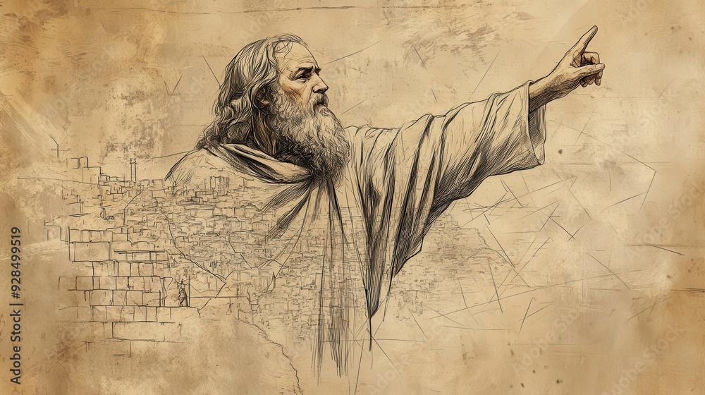 Fototapeta premium Biblical Illustration of Nehemiah’s Prayer: Nehemiah With a Map of Jerusalem Spread Out Before Him, Pointing to the Ruined Walls as He Prays for the Strength to Rebuild