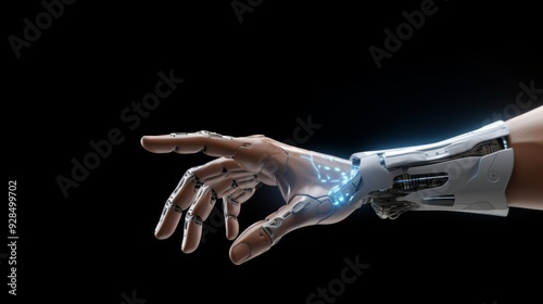 Artificial arm cyborg touch. Artificial intelligence technology concept. AI arm