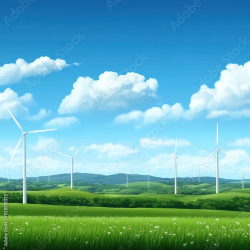 A vibrant landscape showcasing wind turbines against a clear blue sky, symbolizing renewable energy and sustainability.