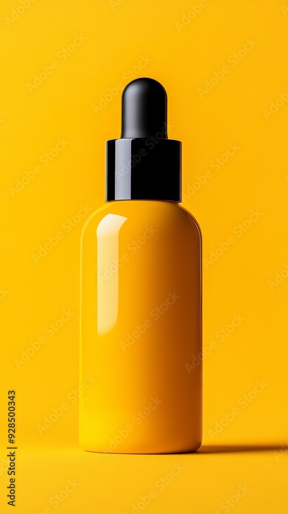 A bottle of liquid is sitting on a yellow background A bottle of liquid is sitting on a yellow background