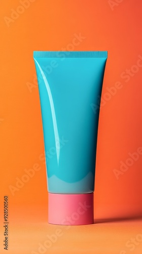 A blue tube of makeup sits on a pink base