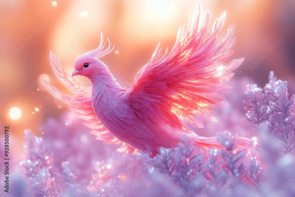 Obraz premium A phoenix rising from the ashes, isolated on a pastel lavender background, symbolizing rebirth and the courage to start again,