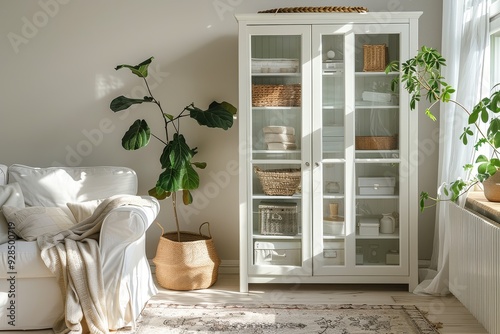 White storage cabinet with glass doors, solid wood structure, modern living room and bedroom decor, shelves for books and accessories.