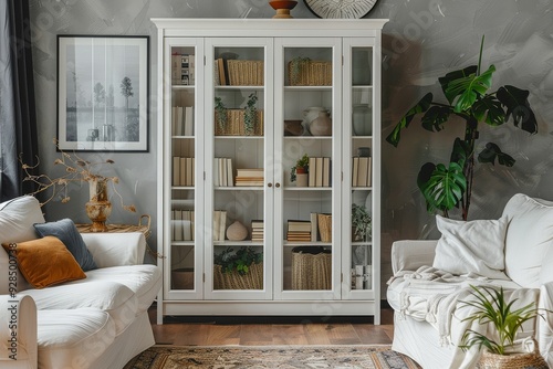 White storage cabinet with glass doors, solid wood structure, modern living room and bedroom decor, shelves for books and accessories.
