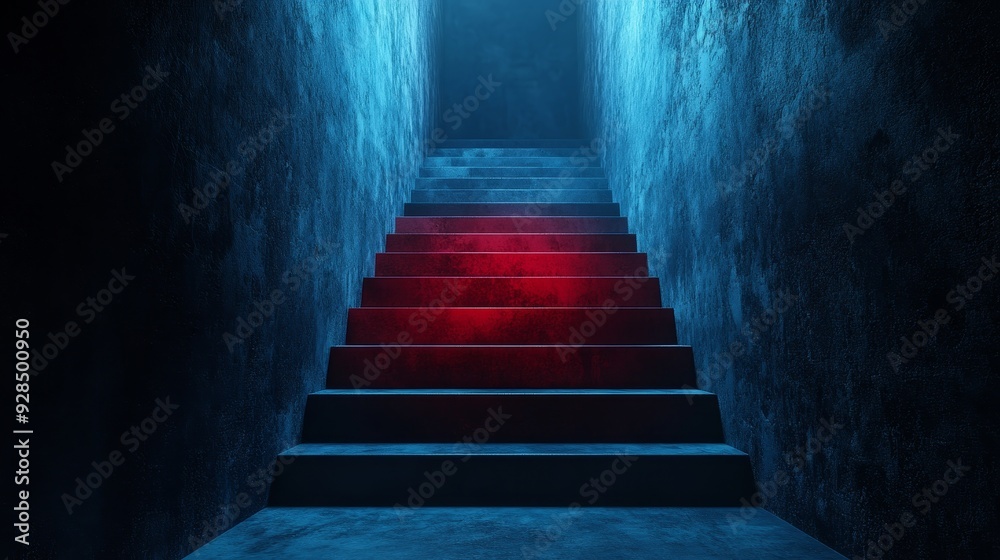 A staircase with red steps leading to a dark blue tunnel A staircase with red steps leading to a dark blue tunnel