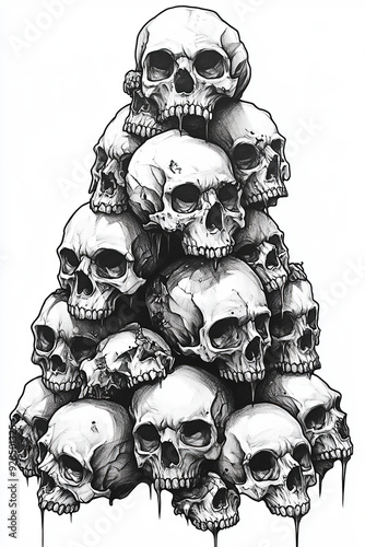 Pyramid-shaped Pile Of Skulls, Tattoo Design, Black Ink, White Background.
