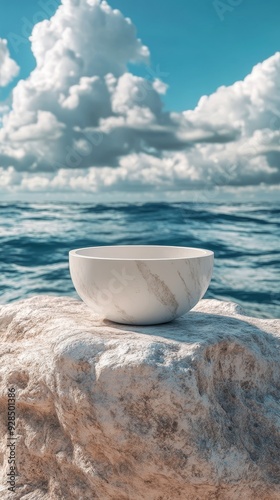 A white bowl is sitting on a rock by the ocean