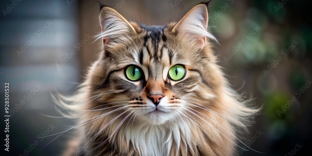 Fototapeta premium Adorable whiskered feline sits upright, intensely gazing directly at the lens with piercing green eyes, fluffy fur, and a hint of curiosity.