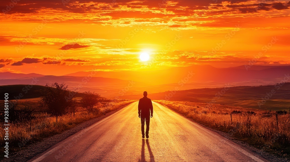 Man Walking Towards the Sunset on a Country Road. Man Walking Towards the Sunset on a Country Road.