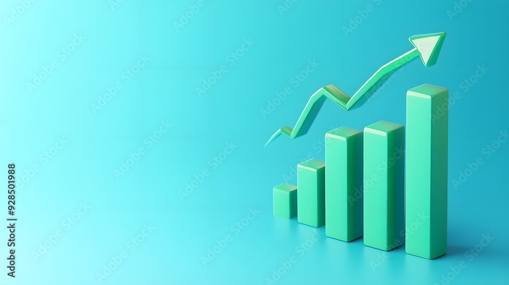 3D bar chart with upward arrow symbolizing growth and success on blue background. Ideal for finance and business themes. 3D bar chart with upward arrow symbolizing growth and success on blue background. Ideal for finance and business themes.