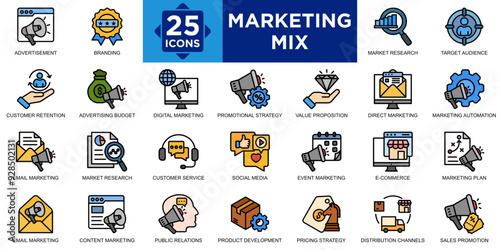 marketing mix, product, promotion, strategy, business, price icon set. Outline icons collection. Simple vector illustration	