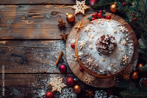 Christmas Cake with Berries and Icing on Rustic Wooden Table photo