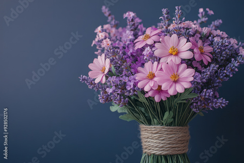 A bouquet of flowers, isolated on a pastel lavender background, representing a polite gesture of kindness, photo