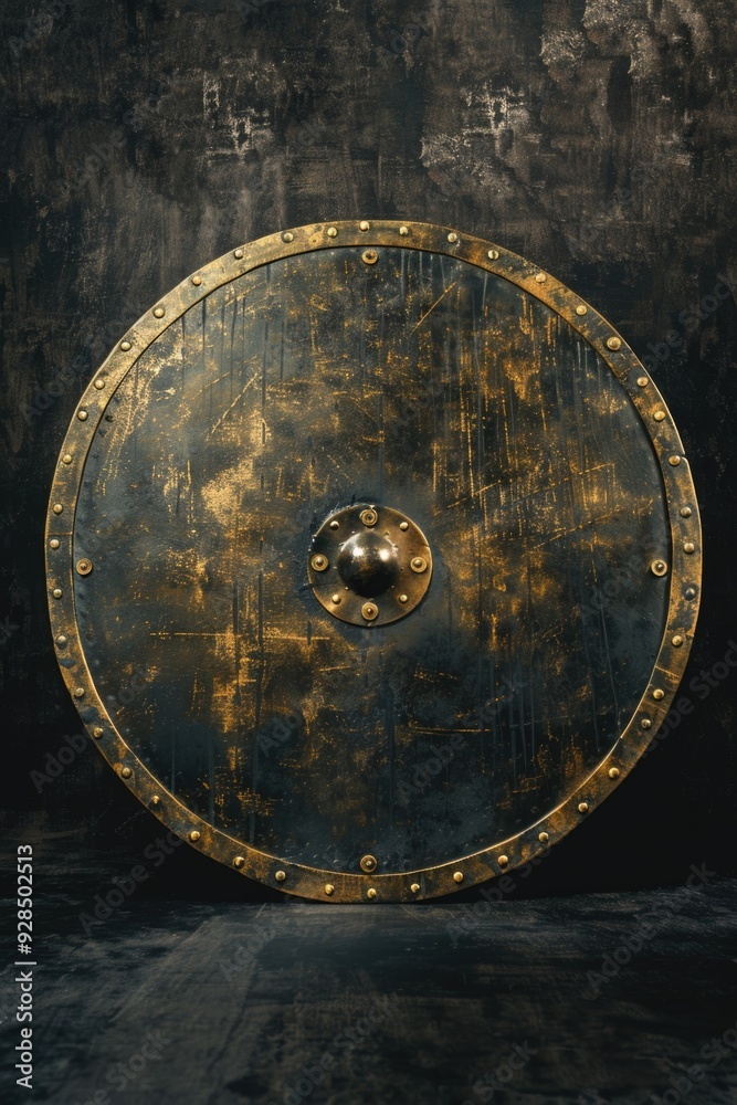 Fototapeta premium A large metal shield sits on the floor