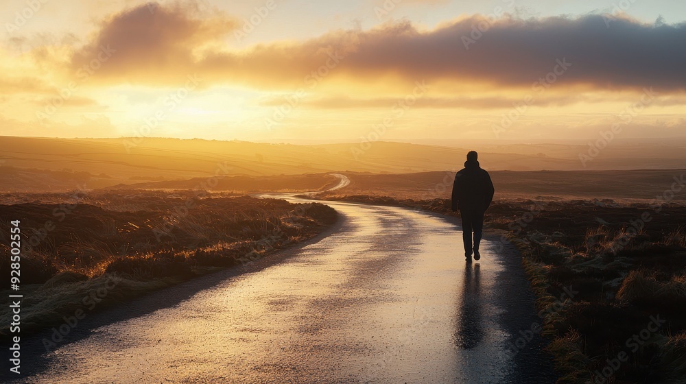 Silhouette of a Man Walking on a Road at Sunrise. Silhouette of a Man Walking on a Road at Sunrise.