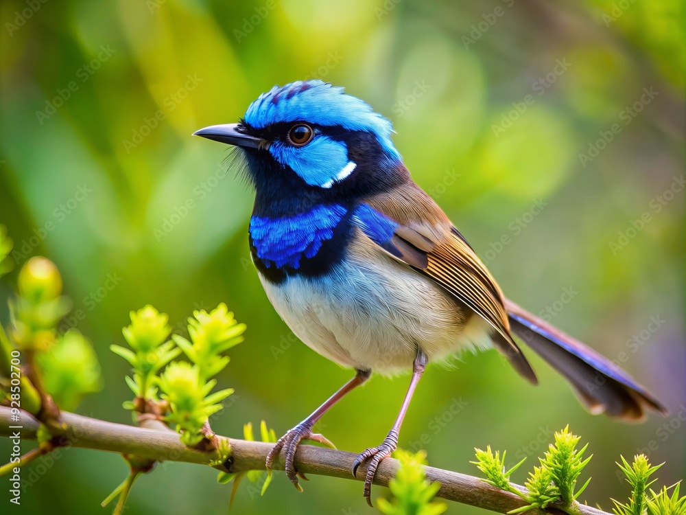 Obraz premium Vibrant male Superb Fairy-Wren perches on a slender tree branch, showcasing iridescent blue throat patch, brown back, and white belly amidst lush green foliage.