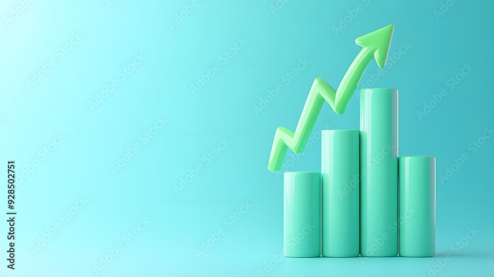 3D bar graph representing growth and success on a blue background, with a rising arrow indicating positive financial trends.