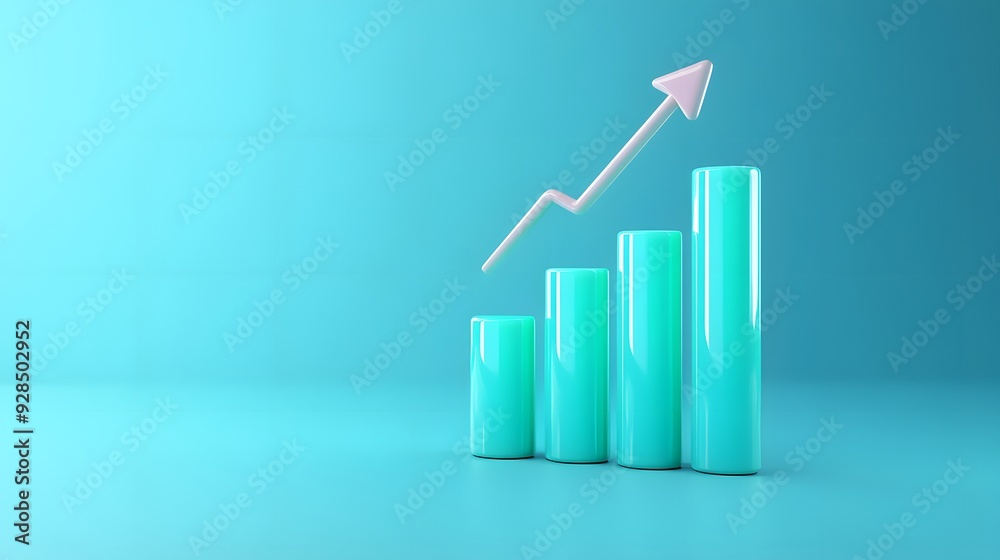 3D bar graph showing growth with upward arrow on blue background, representing business success and data analysis. 3D bar graph showing growth with upward arrow on blue background, representing business success and data analysis.