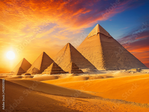 Pyramids of Giza at Sunset.