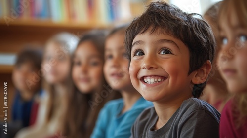 Elementary school students participating in a storytelling session in a cozy classroom, their faces filled with wonder and imagination, as they listen to a teacher narrate an engaging story,