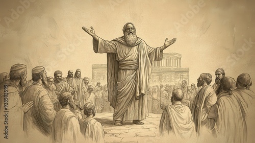 Biblical Illustration of Ezra and The Prophets Haggai and Zechariah: Haggai Urging the People to Rebuild the Temple with the Unfinished Structure Behind Him photo