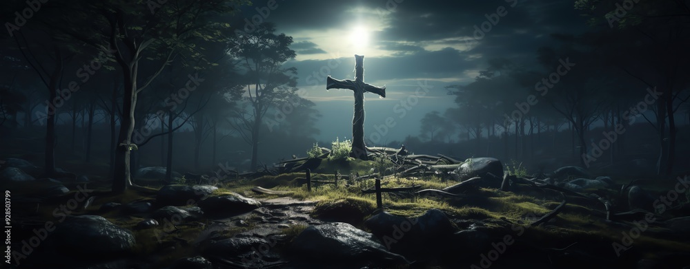 Naklejka premium A serene and atmospheric scene featuring a cross illuminated by moonlight, surrounded by trees and rocky terrain.