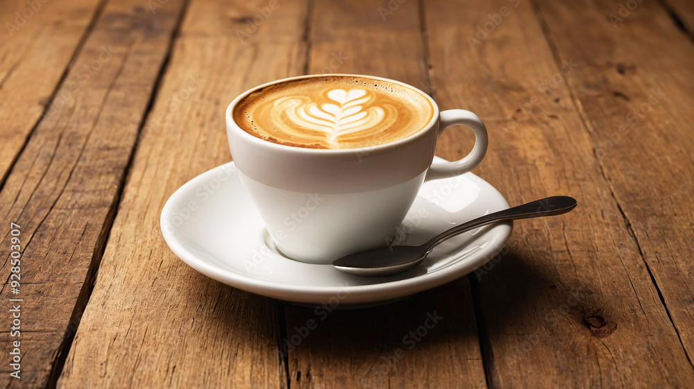 A beautifully crafted cup of cappuccino with latte art served on a white saucer and spoon on a wooden table. A beautifully crafted cup of cappuccino with latte art served on a white saucer and spoon on a wooden table.