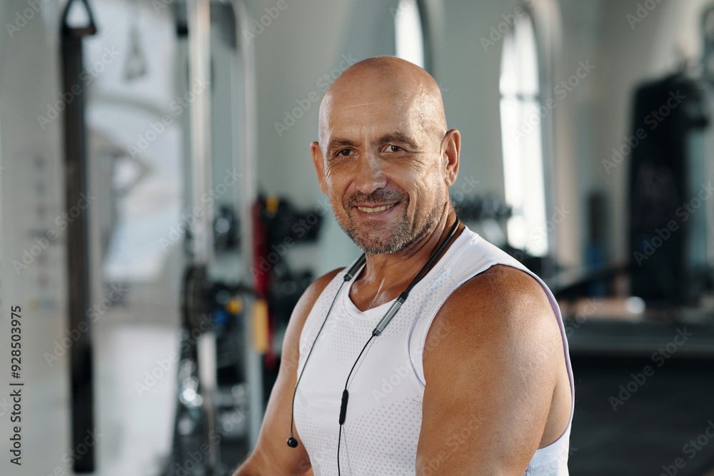 Portrait of professional trainer smiling at camera while working in sport gym Portrait of professional trainer smiling at camera while working in sport gym