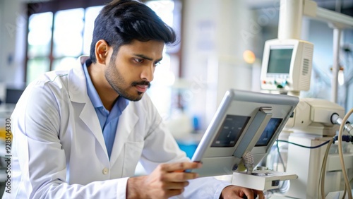 Indian Medical Technician with Diagnostic Equipment - Indian male medical technician operating diagnostic equipment, showcasing technical skills in a healthcare environment. 