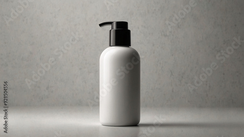 A close-up of a small white bottle with a black pump, set against a plain background, suitable for lotions or creams.